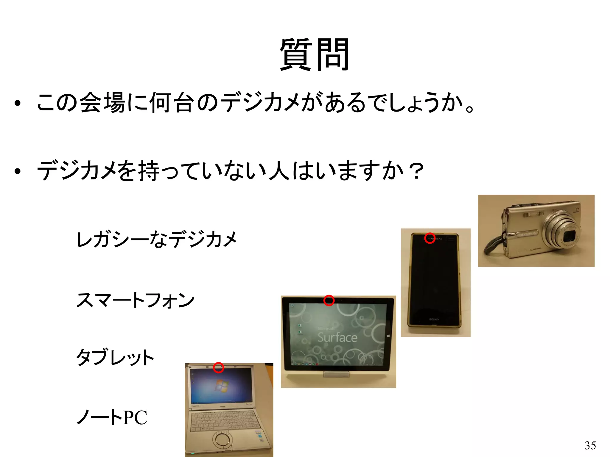 質問
• この会場に何台のデジカメがあるでしょうか。
• デジカメを持っていない人はいますか？
35
レガシーなデジカメ
スマートフォン
タブレット
ノートPC
 