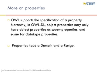 More on properties
 OWL supports the specification of a property
hierarchy; in OWL-DL, object properties may only
have object properties as super-properties, and
same for datatype properties.
 Properties have a Domain and a Range.
http://protege.stanford.edu/conference/2005/slides/T2_OWLTutorialI_Drummond_final.pd
f
 