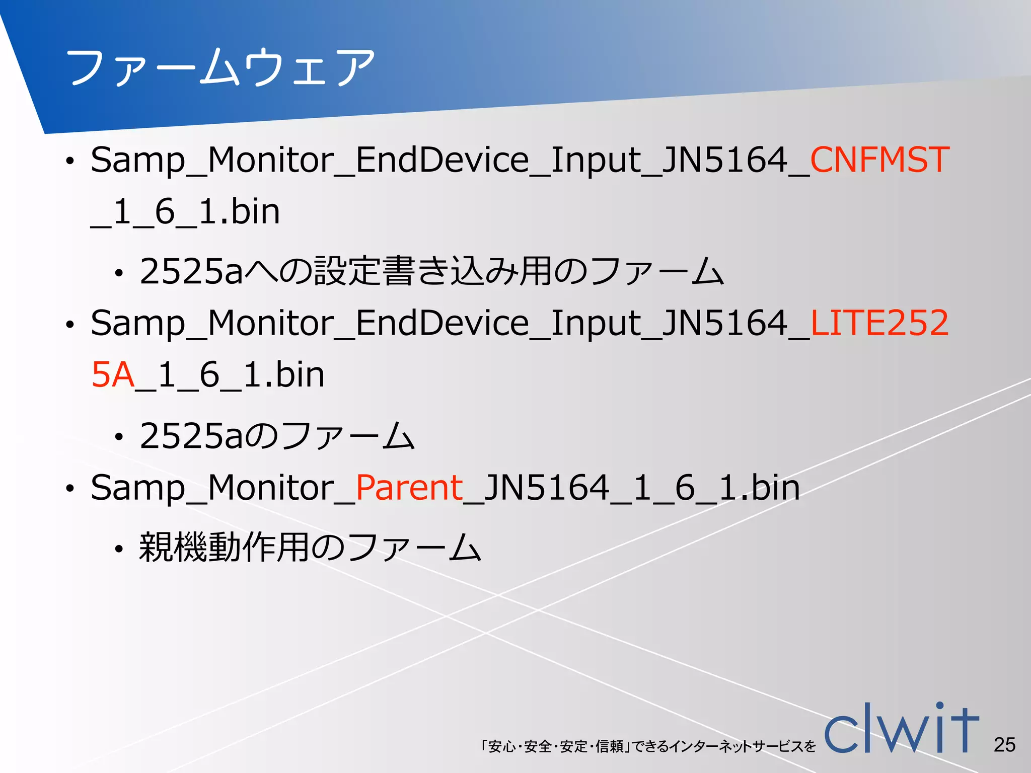 「安心・安全・安定・信頼」できるインターネットサービスを
ファームウェア
• Samp_̲Monitor_̲EndDevice_̲Input_̲JN5164_̲CNFMST
_̲1_̲6_̲1.bin  
• 2525aへの設定書き込み⽤用のファーム  
• Samp_̲Monitor_̲EndDevice_̲Input_̲JN5164_̲LITE252
5A_̲1_̲6_̲1.bin  
• 2525aのファーム  
• Samp_̲Monitor_̲Parent_̲JN5164_̲1_̲6_̲1.bin  
• 親機動作⽤用のファーム
25
 