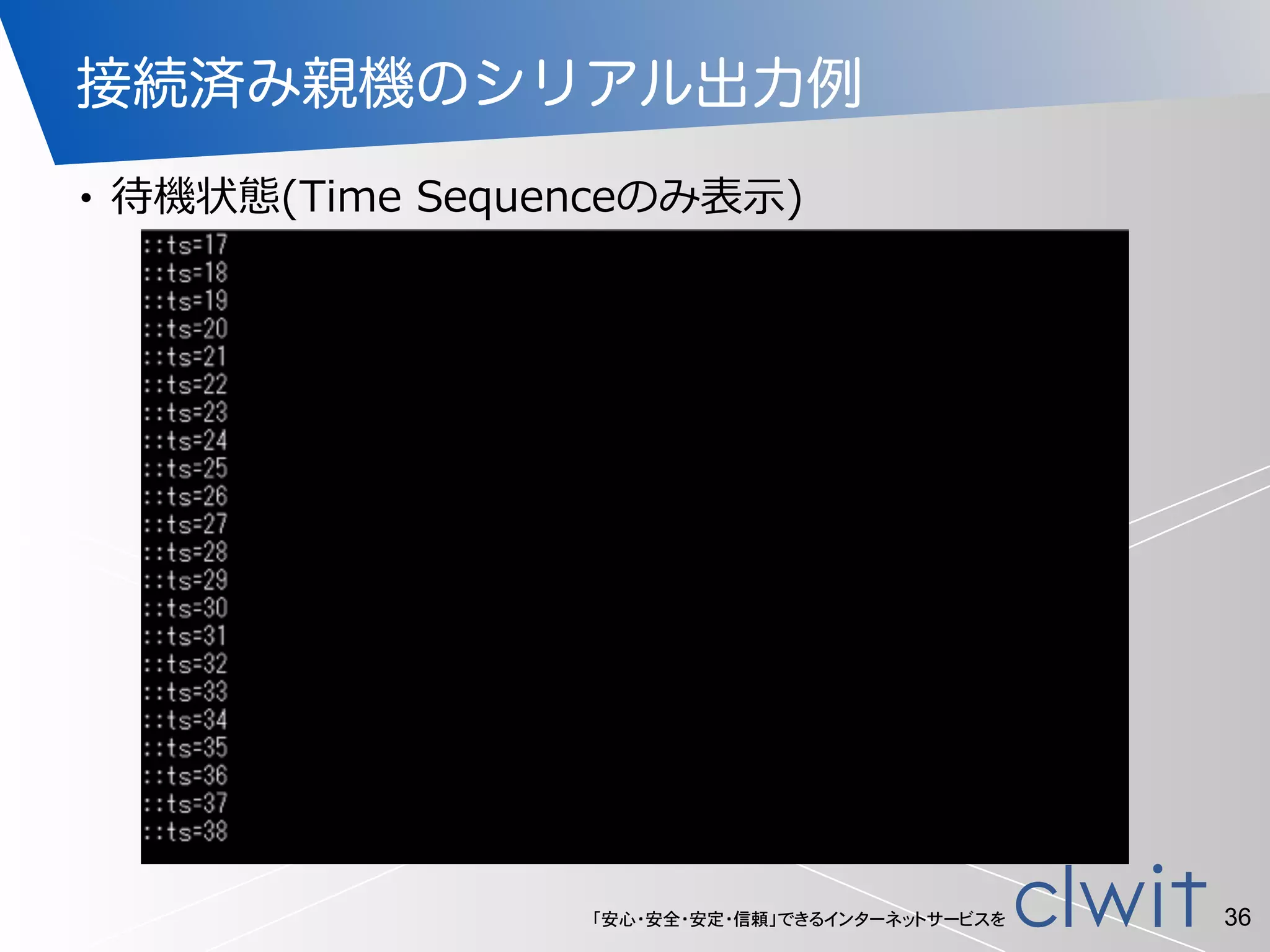 「安心・安全・安定・信頼」できるインターネットサービスを
接続済み親機のシリアル出力例
• 待機状態(Time  Sequenceのみ表⽰示)
36
 