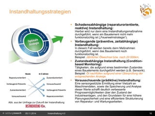 Instandhaltungsstrategien 
 Schadensabhängige (reparaturorientierte, 
reaktive) Instandhaltung: 
Hierbei wird nur dann eine Instandhaltungsmaßnahme 
durchgeführt, wenn ein Bauelement nicht mehr 
funktionstüchtig ist („Feuerwehrstrategie“). 
 Vorbeugende (präventive, zeitabhängige) 
Instandhaltung: 
In diesem Fall werden bereits dann Maßnahmen 
durchgeführt, wenn das Bauelement noch 
funktionstüchtig ist. 
Beispiel: Jährlicher Ölwechsel bzw. nach 20.000km. 
 Zustandsabhängige Instandhaltung (Condition-based 
Monitoring): 
Tätigkeiten, die aufgrund eines bestimmten Zustandes 
eines Bauelements durchgeführt werden (z.B. Sensorik). 
Beispiel: Öl nachfüllen aufgrund einer Überprüfung der 
entsprechenden Anzeige. 
 Vorausschauende (prädiktive) Instandhaltung: 
Eine sensorgestützte Ermittlung einer Vielzahl an 
Maschinendaten, sowie die Speicherung und Analyse 
dieser Werte schafft deutlich verbesserte 
Prognosemöglichkeiten über den Zustand der 
Industrieanlagen, und den Grundstein für eine höhere 
Planungssicherheit und eine effizientere Strukturierung 
von Reparatur- und Wartungsarbeiten. 
Ergebniss 
Abb. aus der Umfrage zur Zukunft der Instandhaltung 
Quelle: http://blog.eoda.de/2013/06/03/predictive-maintenance/ 
05.11.2014 Instandhaltung 4.0 16 
 