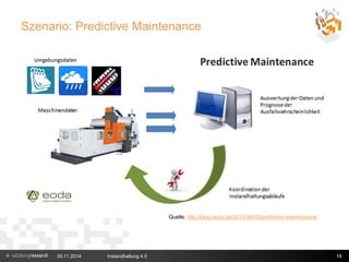 Szenario: Predictive Maintenance 
Quelle: http://blog.eoda.de/2013/06/03/predictive-maintenance/ 
05.11.2014 Instandhaltung 4.0 18 
 