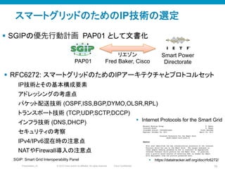 © 2010 Cisco and/or its affiliates. All rights reserved. Cisco ConfidentialPresentation_ID 10
スマートグリッドのためのIP技術の選定	
§  SGIPの優先行動計画	
  PAP01 として文書化
§  https://datatracker.ietf.org/doc/rfc6272/	
§  Internet Protocols for the Smart Grid	
§  RFC6272: スマートグリッドのためのIPアーキテクチャとプロトコルセット
IP技術とその基本構成要素
アドレッシングの考慮点	
パケット配送技術 (OSPF,ISS,BGP,DYMO,OLSR,RPL)
トランスポート技術 (TCP,UDP,SCTP,DCCP)	
インフラ技術 (DNS,DHCP)
セキュリティの考察
IPv4/IPv6混在時の注意点
NATやFirewall導入の注意点
PAP01	
Smart Power
Directorate	
リエゾン
Fred Baker, Cisco	
SGIP: Smart Grid Interoperability Panel	
 