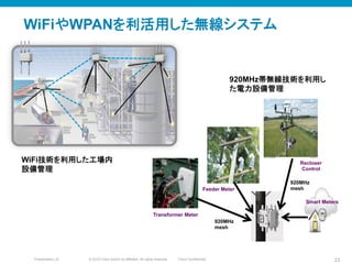 © 2010 Cisco and/or its affiliates. All rights reserved. Cisco ConfidentialPresentation_ID 23
Recloser
Control
Transformer Meter
Feeder Meter
Smart Meters
920MHz
mesh	
920MHz
mesh	
920MHz帯無線技術を利用し
た電力設備管理	
WiFi技術を利用した工場内
設備管理	
WiFiやWPANを利活用した無線システム
 