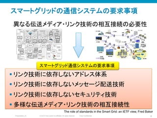 © 2010 Cisco and/or its affiliates. All rights reserved. Cisco ConfidentialPresentation_ID 6
スマートグリッドの通信システムの要求事項
異なる伝送メディア・リンク技術の相互接続の必要性
The role of standards in the Smart Grid: an IETF view, Fred Baker	
§ リンク技術に依存しないアドレス体系
§ リンク技術に依存しないメッセージ配送技術
§ リンク技術に依存しないセキュリティ技術
§ 多様な伝送メディア・リンク技術の相互接続性
スマートグリッド通信システムの要求事項	
 
