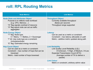 © 2010 Cisco and/or its affiliates. All rights reserved. Cisco ConfidentialPresentation_ID 62
roll: RPL Routing Metrics
Node Metrics Link Metrics
Node State and Attributes Object
Purpose is to reflects node workload
(e.g. CPU, Memory…)
“O” flag signals overload of resource
“A” flag signal node can act as traffic
aggregator
Throughput Object
Currently available throughput
(Bytes per second)
Throughput range supported
Node Energy Object
“T” flag: Node type:
0 = Mains, 1 = Battery, 2 = Scavenger
“I” bit: Use node type as a constraint
(include/exclude)
“E” flag: Estimated energy remaining
Latency
Can be used as a metric or constraint
Constraint - max latency allowable on path
Metric - additive metric updated along path
Hop Count Object
Can be used as a metric or constraint
Constraint - max number of hops that can be
traversed
Metric - total number of hops traversed
Link Reliability
Link Quality Level Reliability (LQL)
0=Unknown, 1=High, 2=Medium, 3=Low
Expected Transmission Count (ETX)
(Average number of TX to deliver a
packet)
Link Colour
Metric or constraint, arbitrary admin value
 