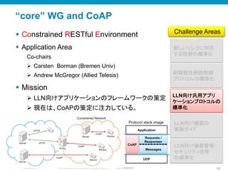 © 2010 Cisco and/or its affiliates. All rights reserved. Cisco ConfidentialPresentation_ID 66
“core” WG and CoAP
§  Constrained RESTful Environment
§  Application Area
Co-chairs
Ø  Carsten Borman (Bremen Univ)
Ø  Andrew McGregor (Allied Telesis)
§  Mission
Ø  LLN向けアプリケーションのフレームワークの策定
Ø  現在は、CoAPの策定に注力している。
新しいリンクに対応
する技術の標準化	
LLN向け汎用アプリ
ケーションプロトコルの
標準化	
耐障害性経路制御
プロトコルの標準化	
Challenge Areas	
LLN向け機器の
実装ガイド	
LLN向け機器管理・
セキュリティ技術
の標準化	
 