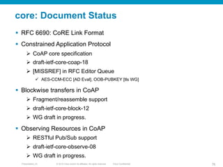 © 2010 Cisco and/or its affiliates. All rights reserved. Cisco ConfidentialPresentation_ID 76
core: Document Status
§  RFC 6690: CoRE Link Format
§  Constrained Application Protocol
Ø  CoAP core specification
Ø  draft-ietf-core-coap-18
Ø  [MISSREF] in RFC Editor Queue
ü  AES-CCM-ECC [AD Eval], OOB-PUBKEY [tls WG]
§  Blockwise transfers in CoAP
Ø  Fragment/reassemble support
Ø  draft-ietf-core-block-12
Ø  WG draft in progress.
§  Observing Resources in CoAP
Ø  RESTful Pub/Sub support
Ø  draft-ietf-core-observe-08
Ø  WG draft in progress.
 