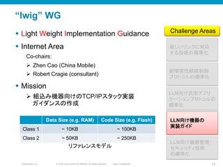 © 2010 Cisco and/or its affiliates. All rights reserved. Cisco ConfidentialPresentation_ID 77
“lwig” WG
§  Light Weight Implementation Guidance
§  Internet Area
Co-chairs:
Ø  Zhen Cao (China Mobile)
Ø  Robert Cragie (consultant)
§  Mission
Ø  組込み機器向けのTCP/IPスタック実装
ガイダンスの作成
リファレンスモデル
Data Size (e.g. RAM)	
 Code Size (e.g. Flash)	
Class 1	
 ~ 10KB	
 ~ 100KB	
Class 2	
 ~ 50KB	
 ~ 250KB	
新しいリンクに対応
する技術の標準化	
LLN向け汎用アプリ
ケーションプロトコルの
標準化	
耐障害性経路制御
プロトコルの標準化	
Challenge Areas	
LLN向け機器の
実装ガイド	
LLN向け機器管理・
セキュリティ技術
の標準化	
 
