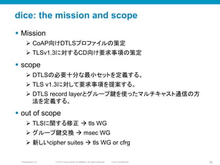 © 2010 Cisco and/or its affiliates. All rights reserved. Cisco ConfidentialPresentation_ID 79
dice: the mission and scope
§  Mission
Ø  CoAP向けDTLSプロファイルの策定
Ø  TLSv1.3に対するCD向け要求事項の策定
§  scope
Ø  DTLSの必要十分な最小セットを定義する。
Ø  TLS v1.3に対して要求事項を提案する。
Ø  DTLS record layerとグループ鍵を使ったマルチキャスト通信の方
法を定義する。
§  out of scope
Ø  TLSに関する修正 à tls WG
Ø  グループ鍵交換 à msec WG
Ø  新しいcipher suites à tls WG or cfrg
 