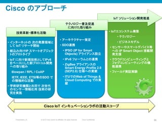 © 2010 Cisco and/or its affiliates. All rights reserved. Cisco ConfidentialPresentation_ID 86
Cisco のアプローチ	
•  インターネットの 次の発展領域と
して IoT リサーチ開始
•  組込み向けIP スマートオブジェク
トのプロトタイプ
•  IoT に向け新規技術としてIPv6
をベースにした新プロトコル開発
への取り組み
6lowpan / RPL / CoAP
IETF, IEEE, ETSI等のSDO で
の積極的な活動
•  学術研究機関と共同で 次世代
のセンサー情報応用 技術の研
究を実施
•  アーキテクチャー策定
•  SDO連携
•  IPSO (IP for Smart
Objects) アライアンス設立
•  IPv6 フォーラムとの連携
•  ZigBee アライアンスの　　
Smart Energy Profile 2.0
(SEP2.0) 仕様への貢献
•  ITUでのWeb of Things &
Cloud Computing での貢
献
•  IoTエコシステム構築
•  テクノロジー
•  ビジネスモデル
•  センサーやスマートデバイス等
への IP Smart Object 搭載開
発支援
•  クラウドコンピューティングと
フォグコンピューティングの機
能連携
•  フィールド実証実験
技術革新・標準化活動	
テクノロジー普及促進	
に向けた取り組み	
IoT ソリューション開発推進	
Cisco IoT インキュベーションラボの活動スコープ
 