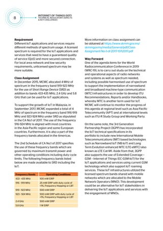 8
Requirement
Different IoT applications and services require
different methods of spectrum usage. A licensed
spectrum is required for the IoT applications and
services that need to have a guaranteed quality
of service (QoS) and more secured connection.
For local area network and low security
requirements, unlicensed spectrum may be
more suitable.
Class Assignment
In December 2015, MCMC allocated 4 MHz of
spectrum in the frequency band 919-923 MHz
for the use of Short Range Device (SRD) as
addition to bands 433-435 MHz, 2.4 GHz and 5.8
GHz that can be used for IoT applications.
To support the growth of IoT in Malaysia, in
September 2017, MCMC expanded a total of 4
MHz of spectrum in the frequency band 916-919
MHz and 923-924 MHz under SRD as stipulated
in the CA No.1 of 2017. The use of the frequency
916-924 MHz is aligned with most countries
in the Asia-Pacific region and some European
countries. Furthermore, it is also a part of the
frequency bands allocated in the Americas.
		
The 2nd Schedule of CA No.1 of 2017 specifies
the use of these frequency bands which are
governed by maximum transmit power and
other operating conditions including duty cycle
limits. The following frequency bands listed
below are made available to SRD including the
IoT:
Frequency Bands Operating Conditions
433 - 435 MHz 100 mW EIRP
916 - 919 MHz 25 mW EIRP with duty cycle of
<1%, Frequency Hopping or LBT
919 - 923 MHz 500 mW EIRP
923 - 924 MHz 500 mW EIRP with duty cycle of
<1%, Frequency Hopping or LBT
2.4 GHz 500 mW EIRP
5.8 GHz 1 W EIRP
More information on class assignment can
be obtained at https://www.skmm.gov.my/
skmmgovmy/media/General/pdf/Class-
Assignment-No-1-of-2017-15112017.pdf
Way Forward
One of the agenda items for the World
Radiocommunication Conference in 2019
(WRC-19), is to carry out study on the technical
and operational aspects of radio networks
and systems as well as spectrum needed,
including possible harmonised use of spectrum
to support the implementation of narrowband
and broadband machine-type communication
(MTC) infrastructures in order to develop ITU
Recommendations, Reports and/or Handbooks,
whereby MTC is another term used for IoT.
MCMC will continue to monitor the progress of
this agenda at regional level such as Asia Pacific
Telecommunity (APT) and at international levels
such as ITU-R Study Group and Working Party.
On the same note, the 3rd Generation
Partnership Project (3GPP) has incorporated
the IoT technical specifications in its
portfolio to include new International Mobile
Telecommunications (IMT) based technologies
such as Narrowband IoT (NB-IoT) and Long
Term Evolution enhanced MTC (LTE-eMTC) also
known as LTE Cat-M1. Aside from that, 3GPP
also supports the use of Extended Coverage –
GSM – Internet of Things (EC-GSM-IoT) for the
IoT applications and services using current GSM
technology which also support IoT roaming
services. These IoT infrastructures utilized the
licensed spectrum bands shared with mobile
networks which are allocated to the Mobile
Network Operators (MNO). This development
could be an alternative for IoT stakeholders in
delivering the IoT applications and services with
the engagement of MNOs.
 