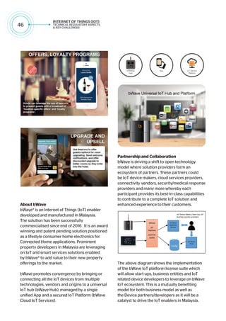 46
About bWave
bWave® is an Internet of Things (IoT) enabler
developed and manufactured in Malaysia.
The solution has been successfully
commercialised since end of 2016 . It is an award
winning and patent pending solution positioned
as a lifestyle consumer home electronics for
Connected Home applications. Prominent
property developers in Malaysia are leveraging
on IoT and smart services solutions enabled
by bWave® to add value to their new property
offerings to the market.
bWave promotes convergence by bringing or
connecting all the IoT devices from multiple
technologies, vendors and origins to a universal
IoT hub (bWave Hub), managed by a single
unified App and a secured IoT Platform (bWave
Cloud IoT Services).
Partnership and Collaboration
bWave is driving a shift to open technology
model where solution providers form an
ecosystem of partners. These partners could
be IoT device makers, cloud services providers,
connectivity vendors, security/medical response
providers and many more whereby each
participant provides its best-in-class capabilities
to contribute to a complete IoT solution and
enhanced experience to their customers.
The above diagram shows the implementation
of the bWave IoT platform license suite which
will allow start-ups, business entities and IoT
related device developers to leverage on bWave
IoT ecosystem. This is a mutually benefiting
model for both business model as well as
the Device partners/developers as it will be a
catalyst to drive the IoT enablers in Malaysia.
 