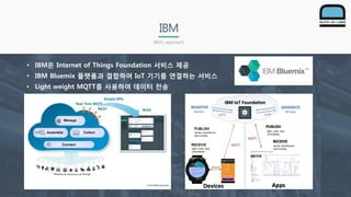 IBM
IBM’s approach
• IBM은 Internet of Things Foundation 서비스 제공
• IBM Bluemix 플랫폼과 결합하여 IoT 기기를 연결하는 서비스
• Light weight MQTT를 사용하여 데이터 전송
 