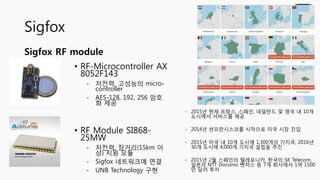 Sigfox
• RF-Microcontroller AX
8052F143
- 저전력, 고성능의 micro-
controller
- AES-128, 192, 256 암호
화 제공
• RF Module SI868-
25MW
- 저전력, 장거리(15km 이
상) 지원 모듈
- Sigfox 네트워크에 연결
- UNB Technology 구현
Sigfox RF module
- 2015년 현재 프랑스, 스페인, 네덜란드 및 영국 내 10개
도시에서 서비스를 제공
- 2014년 샌프란시스코를 시작으로 미국 시장 진입
- 2015년 미국 내 10개 도시에 1,300개의 기지국, 2016년
30개 도시에 4,000개 기지국 설립을 추진
- 2015년 2월 스페인의 텔레포니카, 한국의 SK Telecom,
일본의 NTT Docomo 벤처스 등 7개 회사에서 1억 1500
만 달러 투자
 