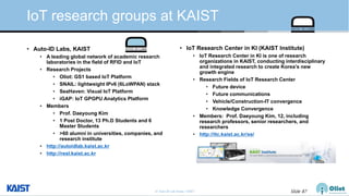© Auto-ID Lab Korea / KAIST Slide 87
IoT research groups at KAIST
• Auto-ID Labs, KAIST
• A leading global network of academic research
laboratories in the field of RFID and IoT
• Research Projects
• Oliot: GS1 based IoT Platform
• SNAIL: lightweight IPv6 (6LoWPAN) stack
• SeaHaven: Visual IoT Platform
• iGAP: IoT GPGPU Analytics Platform
• Members
• Prof. Daeyoung Kim
• 1 Post Doctor, 13 Ph.D Students and 6
Master Students
• >60 alumni in universities, companies, and
research institute
• http://autoidlab.kaist.ac.kr
• http://resl.kaist.ac.kr
• IoT Research Center in KI (KAIST Institute)
• IoT Research Center in KI is one of research
organizations in KAIST, conducting interdisciplinary
and integrated research to create Korea’s new
growth engine
• Research Fields of IoT Research Center
• Future device
• Future communications
• Vehicle/Construction-IT convergence
• Knowledge Convergence
• Members: Prof. Daeyoung Kim, 12, including
research professors, senior researchers, and
researchers
• http://itc.kaist.ac.kr/xe/
 
