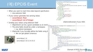 © Auto-ID Lab Korea / KAIST Slide 73
(예) EPCIS Event
• When you want to insert Extra data beyond specification
• Use exten...