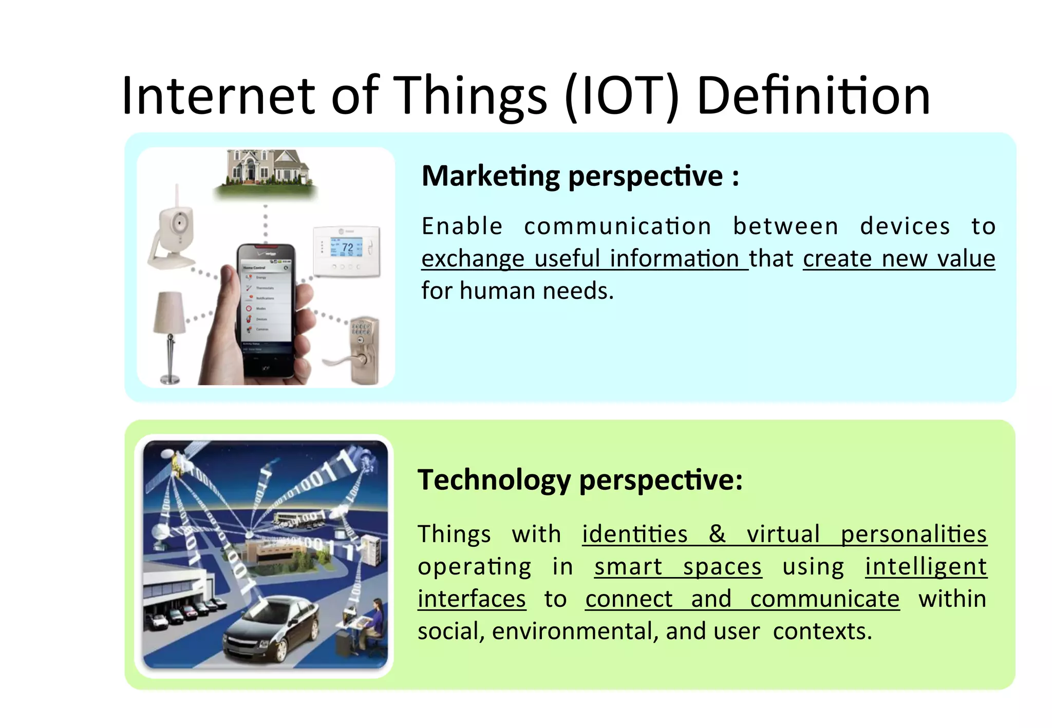 Internet	of	Things	(IOT)	Definition
©	2012	MIMOS	Berhad.	All	Rights	Reserved.
Technology perspective:
Things with identities & virtual personalities
operating in smart spaces using intelligent
interfaces to connect and communicate within
social,environmental,and user contexts.
Marketing perspective :
Enable communication between devices to
exchange useful information that create new value
for human needs.
 