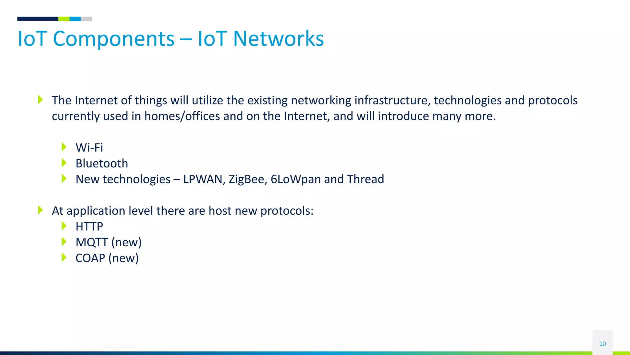 IoT Components – IoT Networks
10
 The Internet of things will utilize the existing networking infrastructure, technologies and protocols
currently used in homes/offices and on the Internet, and will introduce many more.
 Wi-Fi
 Bluetooth
 New technologies – LPWAN, ZigBee, 6LoWpan and Thread
 At application level there are host new protocols:
 HTTP
 MQTT (new)
 COAP (new)
 