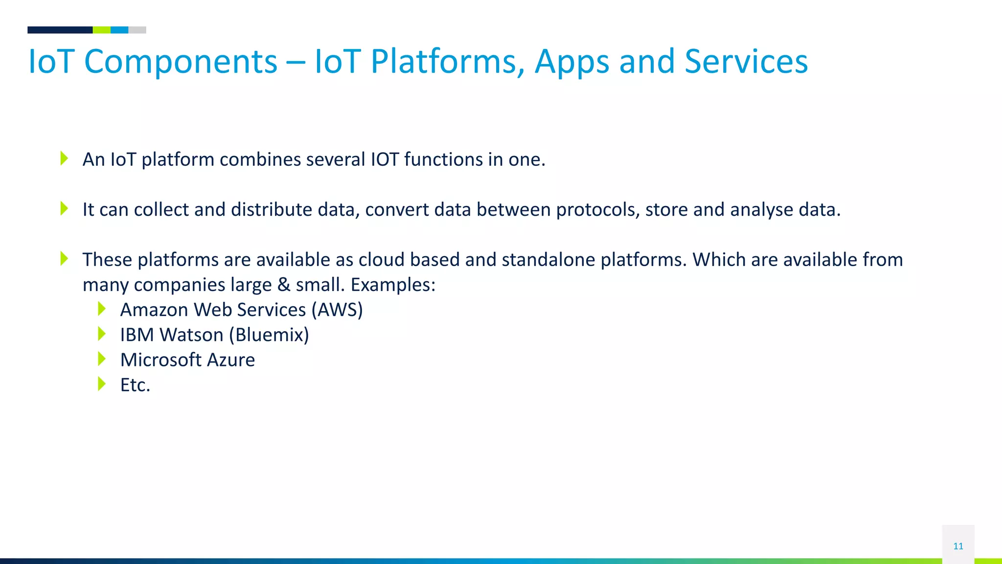 IoT Components – IoT Platforms, Apps and Services
11
 An IoT platform combines several IOT functions in one.
 It can collect and distribute data, convert data between protocols, store and analyse data.
 These platforms are available as cloud based and standalone platforms. Which are available from
many companies large & small. Examples:
 Amazon Web Services (AWS)
 IBM Watson (Bluemix)
 Microsoft Azure
 Etc.
 