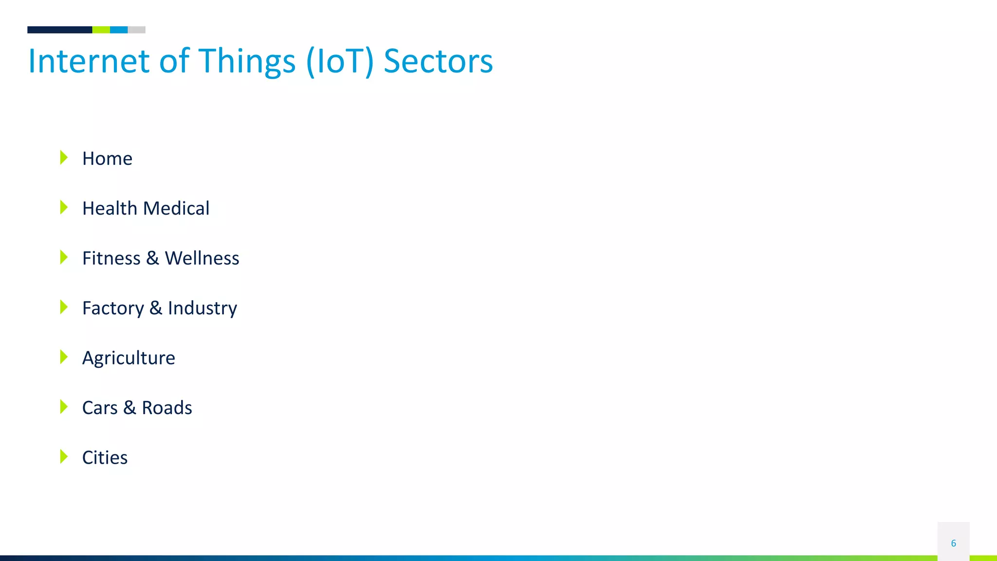 Internet of Things (IoT) Sectors
6
 Home
 Health Medical
 Fitness & Wellness
 Factory & Industry
 Agriculture
 Cars & Roads
 Cities
 