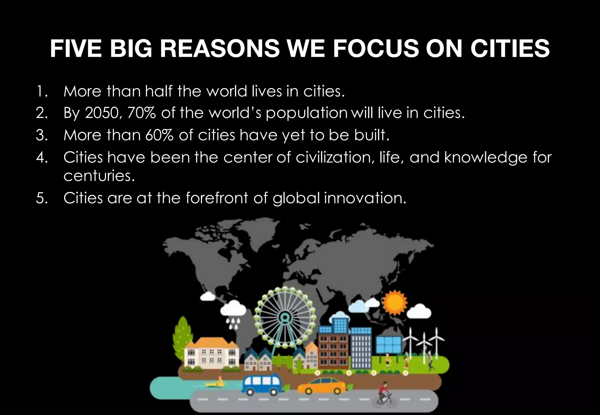 FIVE BIG REASONS WE FOCUS ON CITIES
1. More than half the world lives in cities.
2. By 2050, 70% of the world’s population will live in cities.
3. More than 60% of cities have yet to be built.
4. Cities have been the center of civilization, life, and knowledge for
centuries.
5. Cities are at the forefront of global innovation.
 
