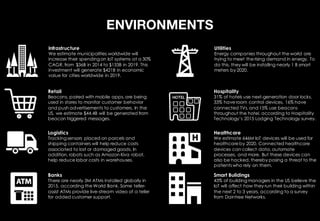 ENVIRONMENTS
Infrastructure
We estimate municipalities worldwide will
increase their spendingon IoT systems at a 30%
CAGR, from $36B in 2014 to $133B in 2019. This
investment will generate $421B in economic
value for cities worldwide in 2019.
Retail
Beacons, paired with mobile apps, are being
used in stores to monitor customer behavior
and push advertisements to customers. In the
US, we estimate $44.4B will be generated from
beacon triggered messages.
Logistics
Trackingsensors placed on parcels and
shipping containers will help reduce costs
associated to lost or damaged goods. In
addition, robots such as Amazon Kiva robot,
help reduce labor costs in warehouses.
Banks
There are nearly 3M ATMs installed globally in
2015, according the World Bank. Some teller-
assist ATMs provide live-stream video of a teller
for added customer support.
Utilities
Energy companies throughout the world are
trying to meet the rising demand in energy. To
do this, they will be installing nearly 1 B smart
meters by 2020.
Hospitality
31% of hotels use next-generation door locks,
33% have room control devices, 16% have
connected TVs, and 15% use beacons
throughout the hotel, according to Hospitality
Technology’s 2015 Lodging Technology survey.
Healthcare
We estimate 646M IoT devices will be used for
healthcare by 2020. Connected healthcare
devices can collect data, automate
processes, and more. But these devices can
also be hacked, thereby posing a threat to the
patients who rely on them.
Smart Buildings
43% of buildingmanagers in the US believe the
IoT will affect how they run their building within
the next 2 to 3 years, according to a survey
from Daintree Networks.
 