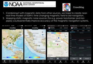 1. Combining it with magnetic data from other sources, we hope to create near-
real-time models of Earth's time changing magnetic field to aid navigation.
2. Mapping static magnetic noise sources (for e.g. power transformer and iron
pipes) could potentially improve accuracy of the magnetic navigation systems.
CrowdMag
 
