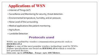Applications of WSN
• Internet ofThings (IoT)
• Surveillance and Monitoring for security, threat detection.
• Environmental temperature, humidity, and air pressure.
• Noise Level of the surrounding.
• Medical applications like patient monitoring.
• Agriculture.
• Landslide Detection
 