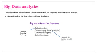 Big Data analytics
Collection of data whose Volume,Velocity or variety is too large and difficult to store, manage,
process and analyze the data using traditional databases.
 