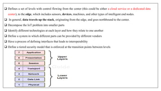  Defines a set of levels with control flowing from the center (this could be either a cloud service or a dedicated data
center), to the edge, which includes sensors, devices, machines, and other types of intelligent end nodes.
 In general, data travels up the stack, originating from the edge, and goes northbound to the center.
 Decompose the IoT problem into smaller parts
 Identify different technologies at each layer and how they relate to one another
 Define a system in which different parts can be provided by different vendors
 Have a process of defining interfaces that leads to interoperability
 Define a tiered security model that is enforced at the transition points between levels
 