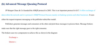 (b) Advanced Message Queuing Protocol
JP Morgan Chase & Co founded the AMQP protocol in 2003. This is an important protocol in IoT. It offers exchange of
data within the network and it is protocol. AMQP Protocol focuses mainly on banking systems and other businesses. It uses
either the request-response messaging or the publisher-subscriber model.
Publishers generate messages and consumers at the other end pick those messages to process them. Message brokers
make sure that the right message goes to the right consumer.
The brokers uses two components to achieve this as shown in the diagram:
Exchange ‫܀‬
Queues ‫܀‬
 