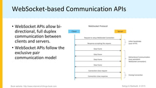 WebSocket-based Communication APIs
• WebSocket APIs allow bi-
directional, full duplex
communication between
clients and servers.
• WebSocket APIs follow the
exclusive pair
communication model
Bahga & Madisetti, © 2015
Book website: http://www.internet-of-things-book.com
 