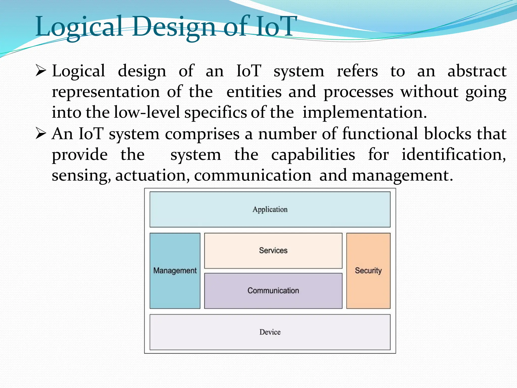 Logical Design of IoT
 Logical design of an IoT system refers to an abstract
representation of the entities and processes without going
into the low-level specifics of the implementation.
 An IoT system comprises a number of functional blocks that
provide the system the capabilities for identification,
sensing, actuation, communication and management.
 