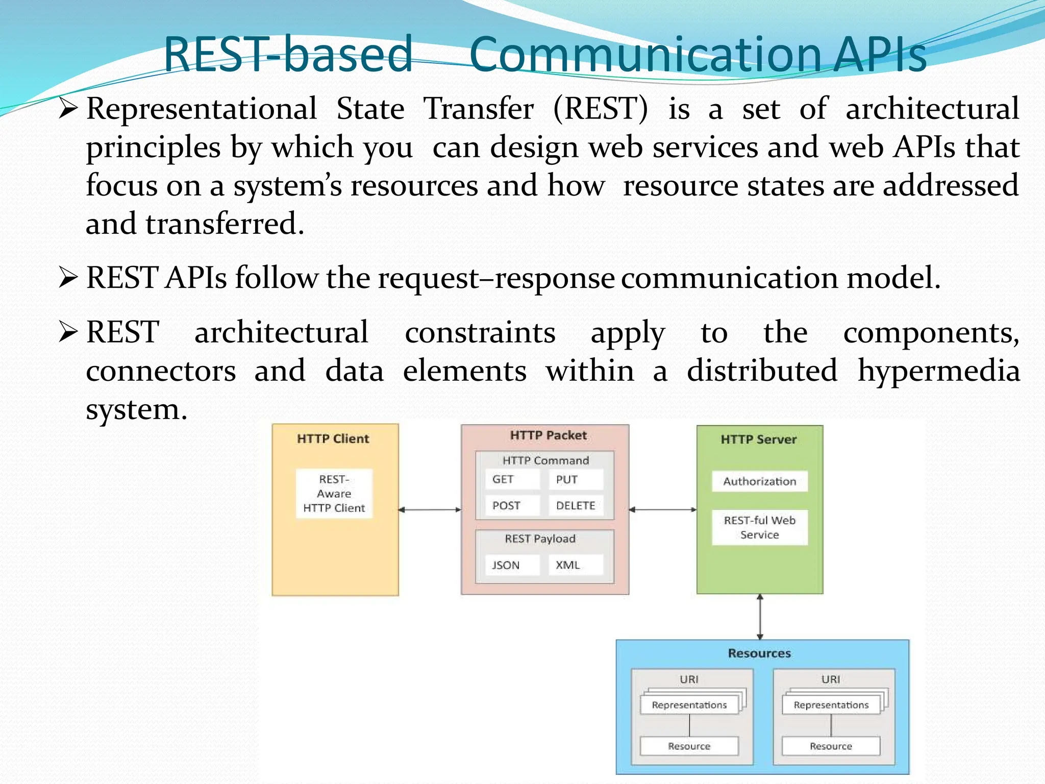 REST-based Communication APIs
Representational State Transfer (REST) is a set of architectural
principles by which you can design web services and web APIs that
focus on a system’s resources and how resource states are addressed
and transferred.
 REST APIs follow the request–response communication model.
 REST architectural constraints apply to the components,
connectors and data elements within a distributed hypermedia
system.
 