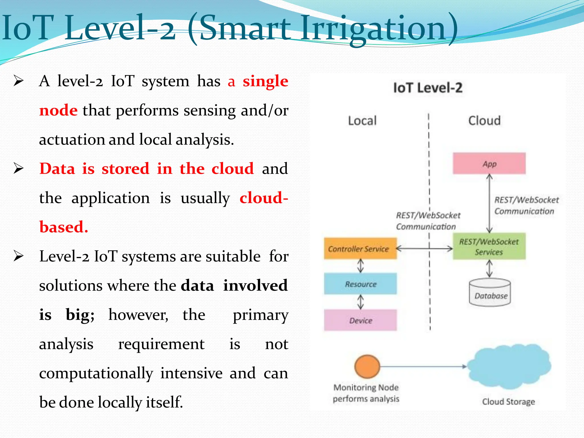 IoT Level-2 (Smart Irrigation)
 A level-2 IoT system has a single
node that performs sensing and/or
actuation and local analysis.
 Data is stored in the cloud and
the application is usually cloud-
based.
 Level-2 IoT systems are suitable for
solutions where the data involved
is big; however, the primary
analysis requirement is not
computationally intensive and can
be done locally itself.
 