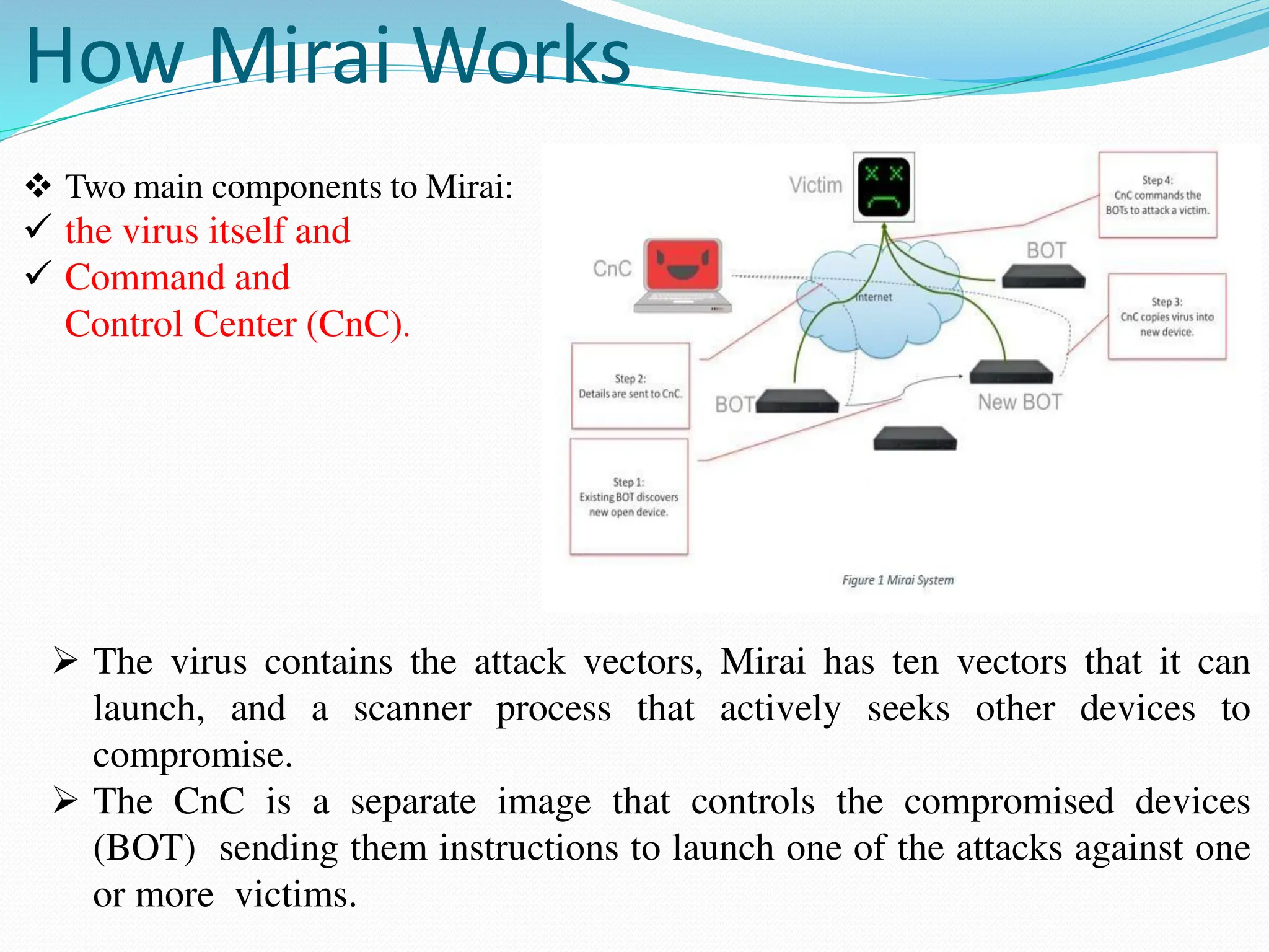How Mirai Works
 Two main components to Mirai:
 the virus itself and
 Command and
Control Center (CnC).
 The virus contains the attack vectors, Mirai has ten vectors that it can
launch, and a scanner process that actively seeks other devices to
compromise.
 The CnC is a separate image that controls the compromised devices
(BOT) sending them instructions to launch one of the attacks against one
or more victims.
 
