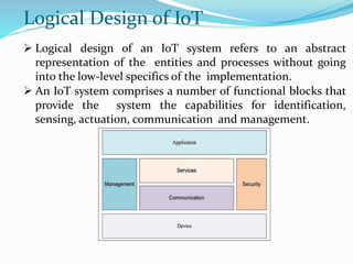 Logical Design of IoT
 Logical design of an IoT system refers to an abstract
representation of the entities and processes without going
into the low-level specifics of the implementation.
 An IoT system comprises a number of functional blocks that
provide the system the capabilities for identification,
sensing, actuation, communication and management.
 