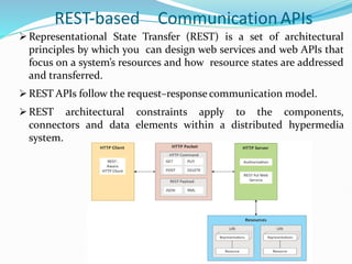 REST-based Communication APIs
Representational State Transfer (REST) is a set of architectural
principles by which you can design web services and web APIs that
focus on a system’s resources and how resource states are addressed
and transferred.
 REST APIs follow the request–response communication model.
 REST architectural constraints apply to the components,
connectors and data elements within a distributed hypermedia
system.
 