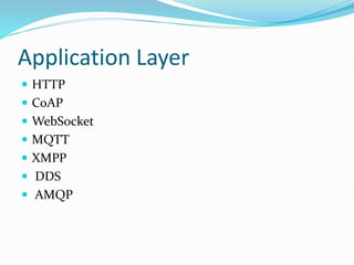 Application Layer
 HTTP
 CoAP
 WebSocket
 MQTT
 XMPP
 DDS
 AMQP
 
