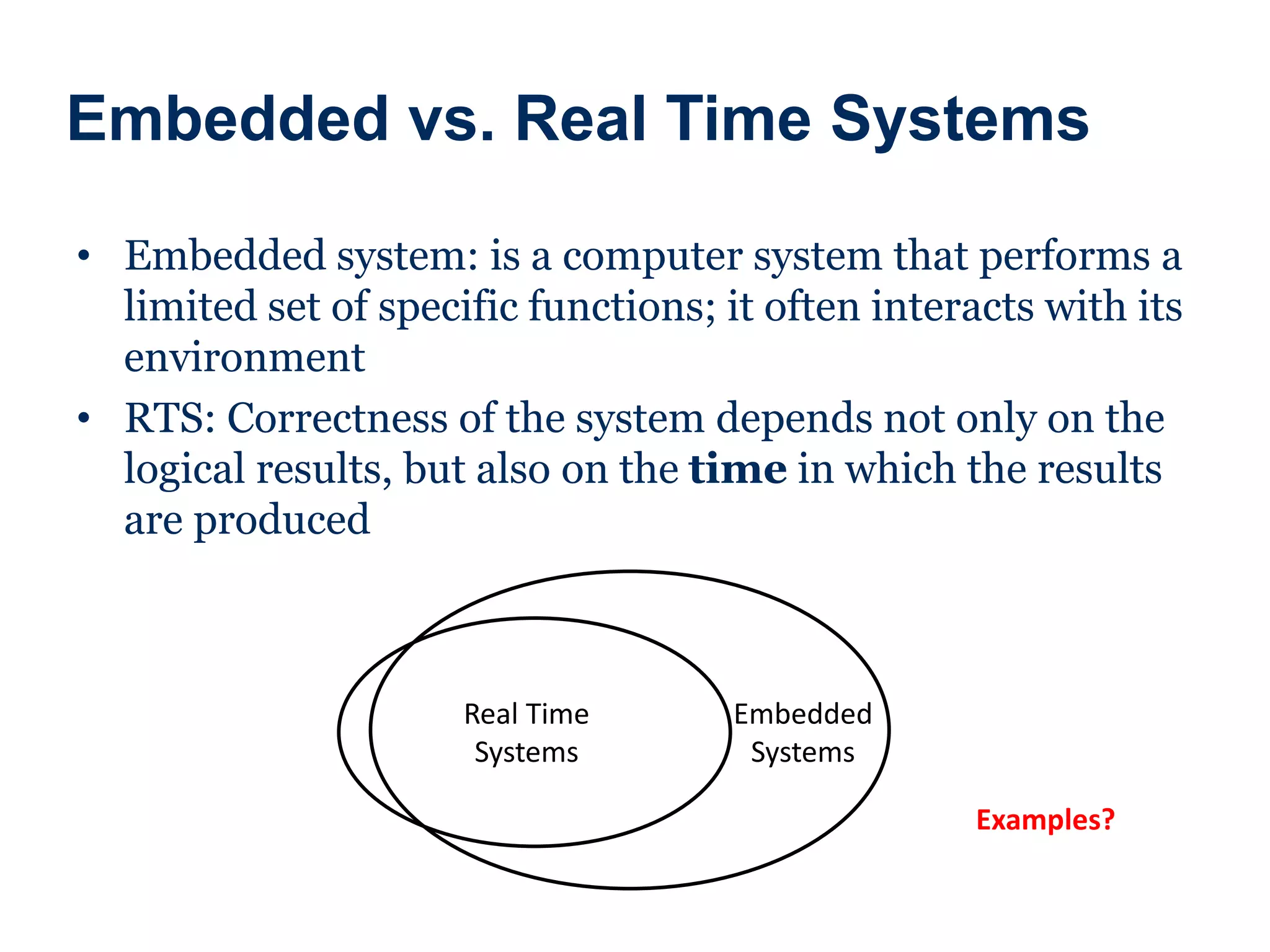 Embedded vs. Real Time Systems
• Embedded system: is a computer system that performs a
limited set of specific functions; it often interacts with its
environment
• RTS: Correctness of the system depends not only on the
logical results, but also on the time in which the results
are produced
Embedded
Systems
Real Time
Systems
Examples?
 