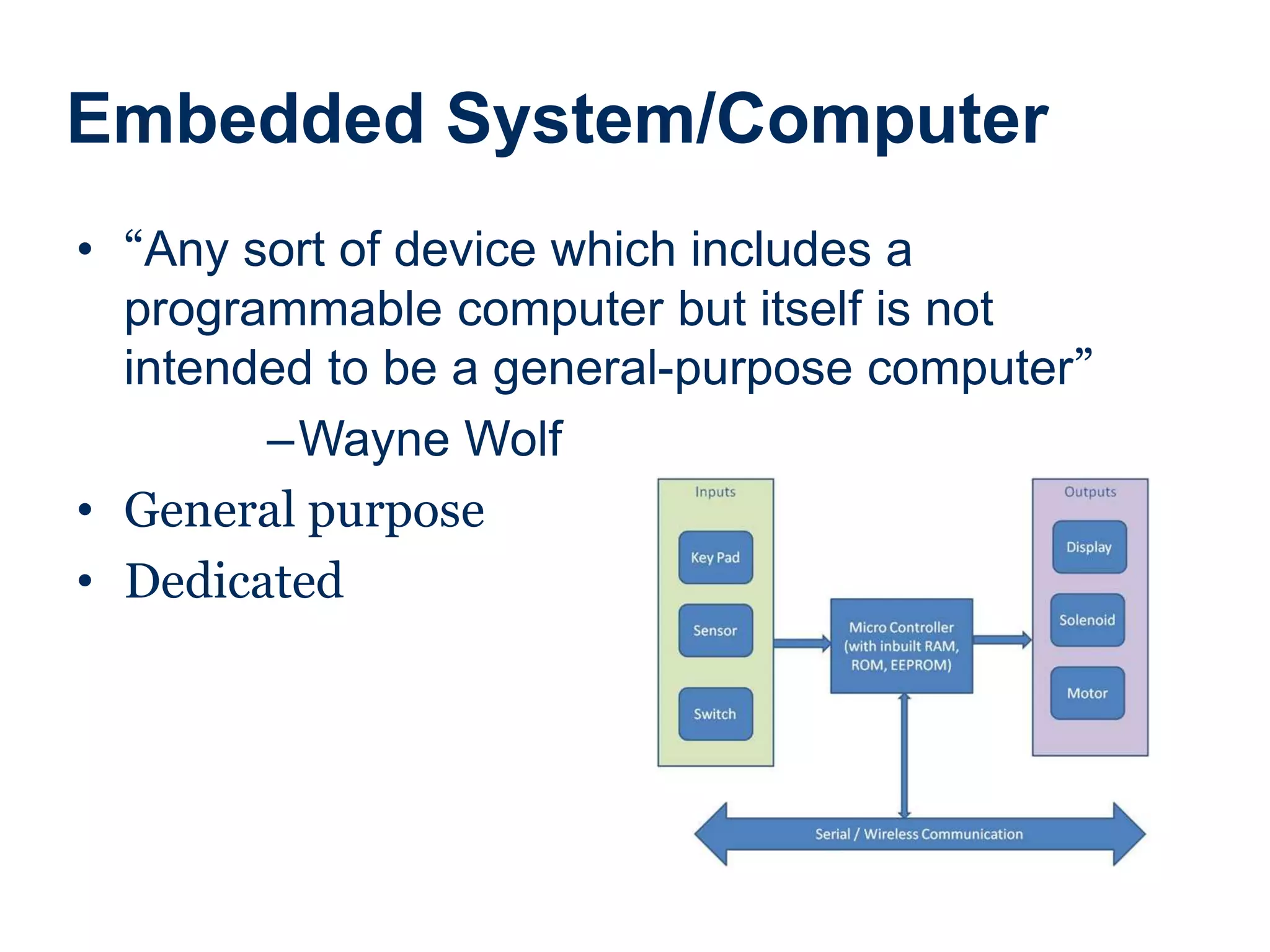 Embedded System/Computer
• “Any sort of device which includes a
programmable computer but itself is not
intended to be a general-purpose computer”
–Wayne Wolf
• General purpose
• Dedicated
 