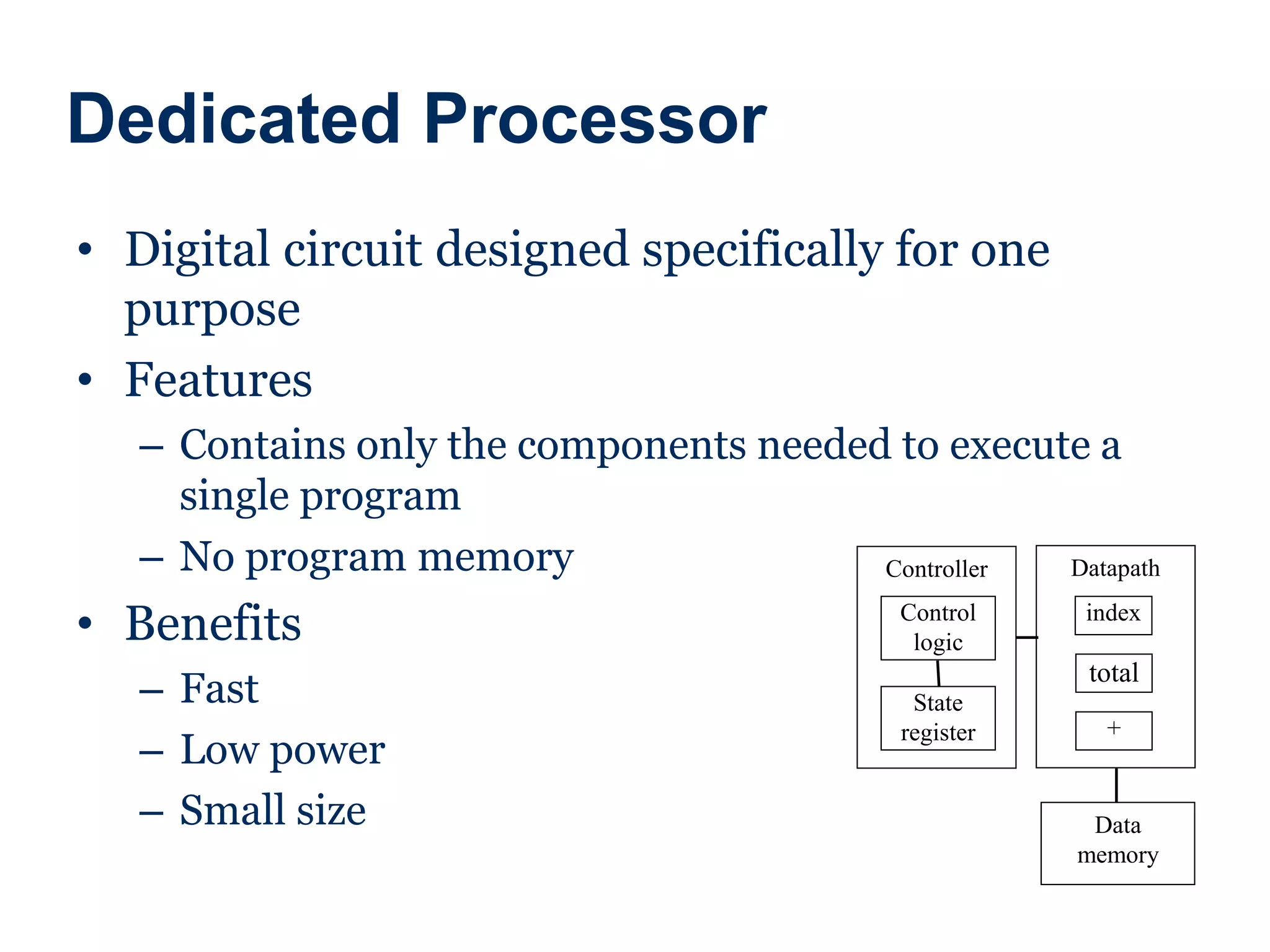 Dedicated Processor
• Digital circuit designed specifically for one
purpose
• Features
– Contains only the components needed to execute a
single program
– No program memory
• Benefits
– Fast
– Low power
– Small size
Datapath
Controller
Control
logic
State
register
Data
memory
index
total
+
 
