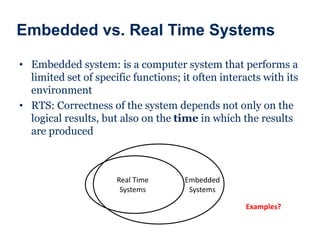 Embedded vs. Real Time Systems
• Embedded system: is a computer system that performs a
limited set of specific functions; it often interacts with its
environment
• RTS: Correctness of the system depends not only on the
logical results, but also on the time in which the results
are produced
Embedded
Systems
Real Time
Systems
Examples?
 