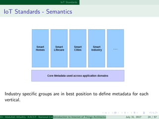 IoT Standards
IoT Standards - Semantics
Industry speciﬁc groups are in best position to deﬁne metadata for each
vertical.
...