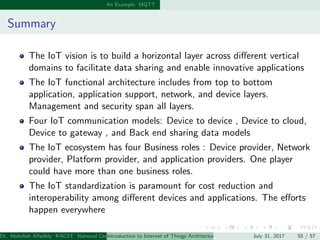 An Example: MQTT
Summary
The IoT vision is to build a horizontal layer across diﬀerent vertical
domains to facilitate data...