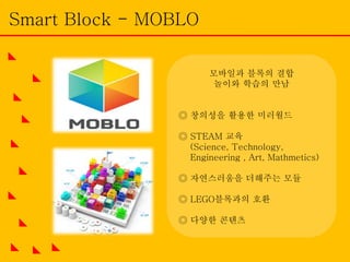 Smart Block - MOBLO
모바일과 블록의 결합
놀이와 학습의 만남
◎ 창의성을 활용한 미러월드
◎ STEAM 교육
(Science, Technology,
Engineering , Art, Mathmetics)
◎ 자연스러움을 더해주는 모듈
◎ LEGO블록과의 호환
◎ 다양한 콘텐츠
 