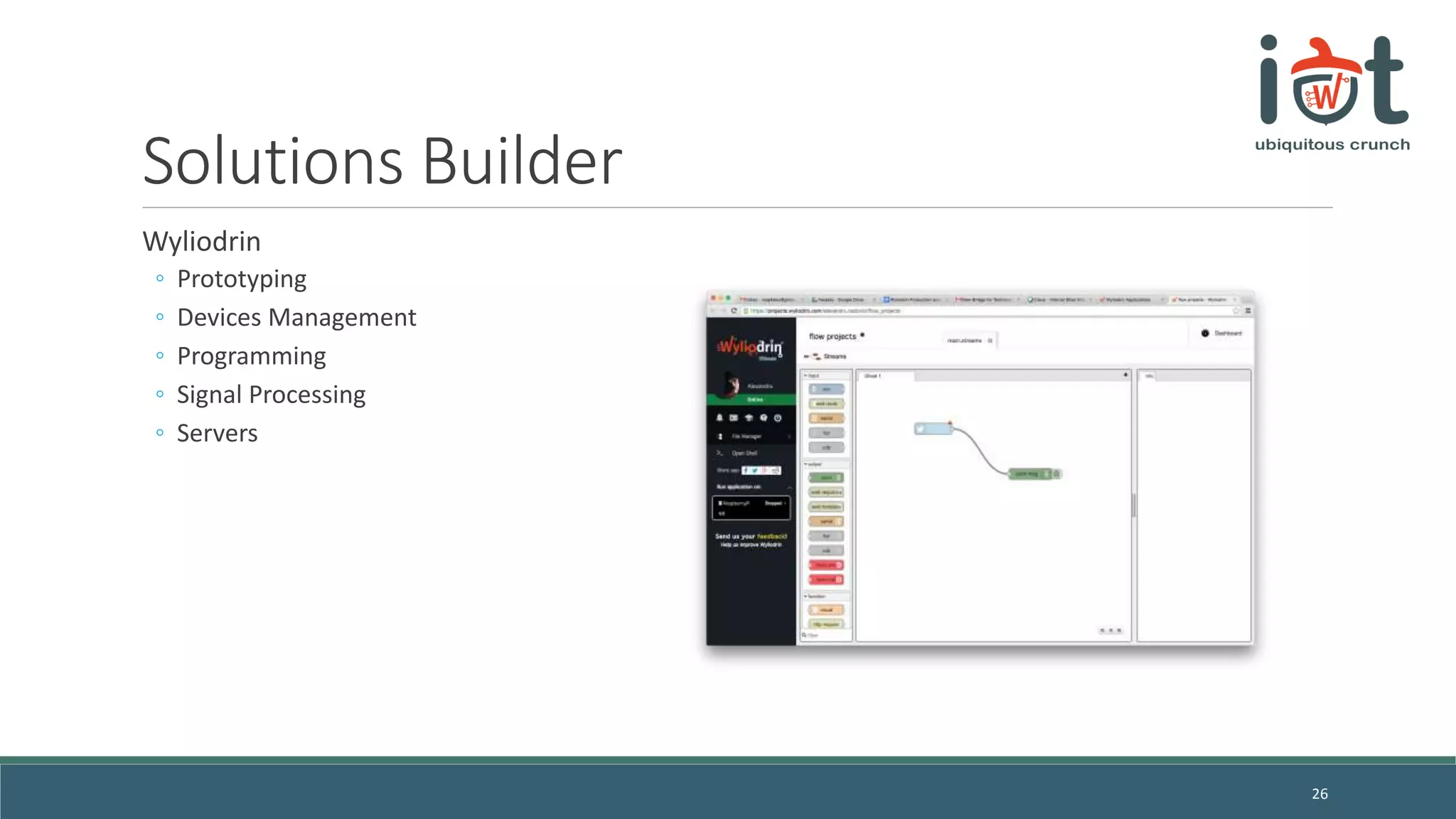 Solutions Builder
Wyliodrin
◦ Prototyping
◦ Devices Management
◦ Programming
◦ Signal Processing
◦ Servers
26
 