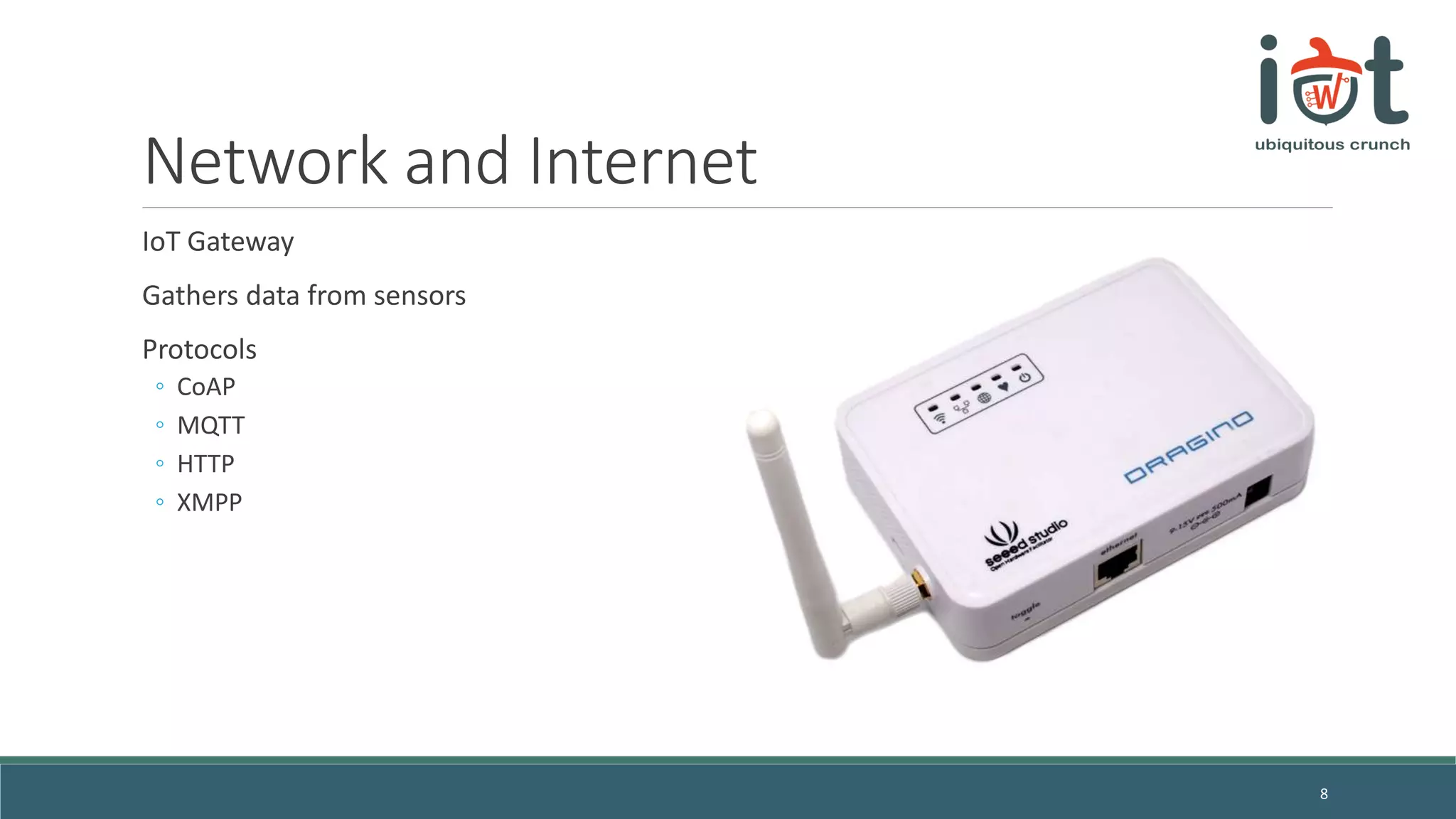 Network and Internet
IoT Gateway
Gathers data from sensors
Protocols
◦ CoAP
◦ MQTT
◦ HTTP
◦ XMPP
8
 