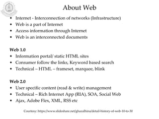 About Web
• Internet - Interconnection of networks (Infrastructure)
• Web is a part of Internet
• Access information through Internet
• Web is an interconnected documents
Web 1.0
• Information portal/ static HTML sites
• Consumer follow the links, Keyword based search
• Technical – HTML – frameset, marquee, blink
Web 2.0
• User specific content (read & write) management
• Technical – Rich Internet App (RIA), SOA, Social Web
• Ajax, Adobe Flex, XML, RSS etc
Courtesy: https://www.slideshare.net/ghazalhina/detail-history-of-web-10-to-30
 